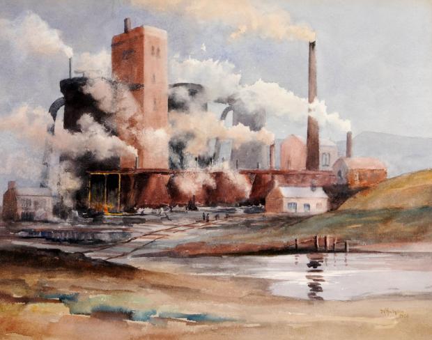The Northern Echo: Dinsdale Iron Works at Middleton St George, painted by Jonathan Edward Hodgkin in 1926, with the Cleveland Hills behind. The site of the ironworks has now been covered by new housing. A detail from High Coniscliffe Meadows by John Brown Harrison, with